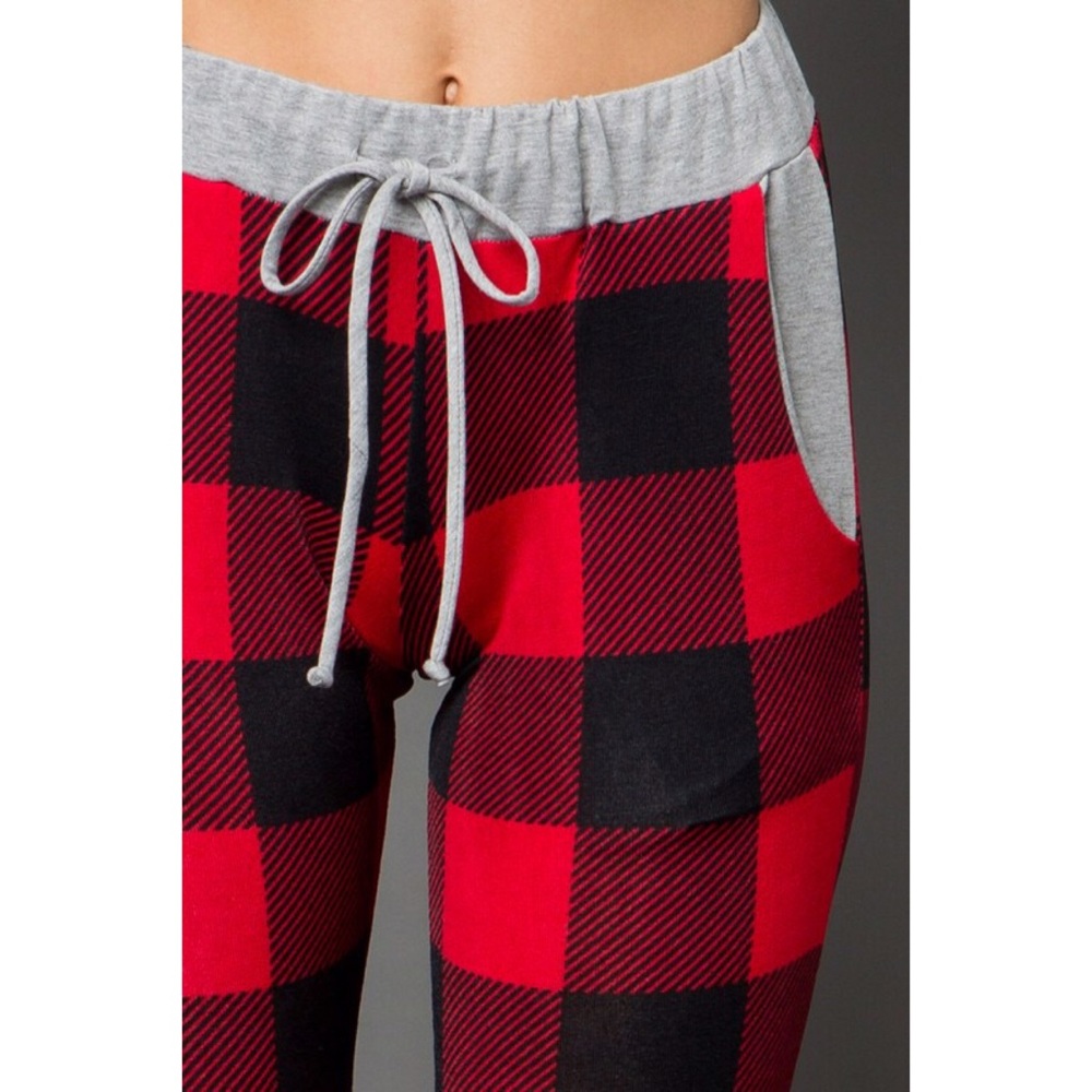 plaid print joggers jogging pants pockets red - Picture 5 of 6